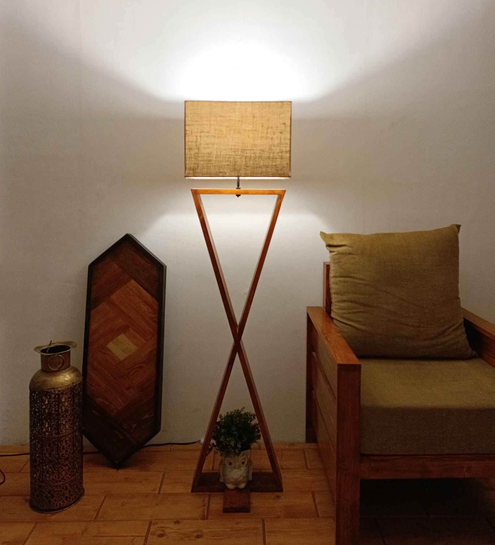 Infinity Wooden Floor Lamp with Premium Beige Fabric Lampshade (BULB NOT INCLUDED)
