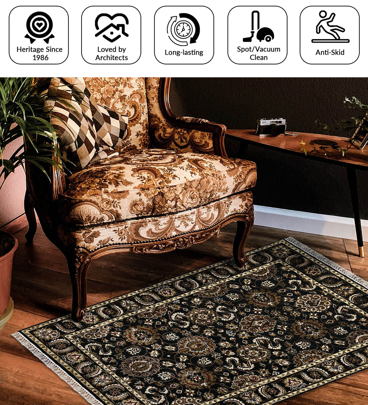 Luxor Classic Pattern Hand Knotted Rectangle Anti-Skid Designer Carpet, Prayer Rug For Office Cabins, Small Living Spaces - 4'X6' Saraswati Global
