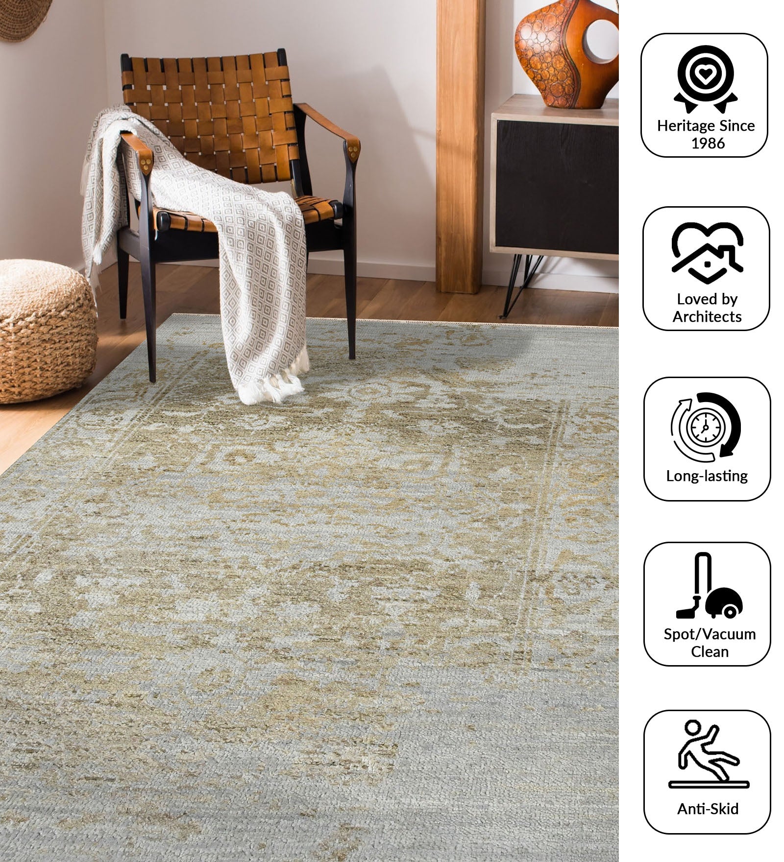 Dazzle Transitional Pattern Hand Knotted Rectangle Anti-Skid Designer Carpet, Prayer Rug For Office Cabins, Small Living Spaces - 2'X3'