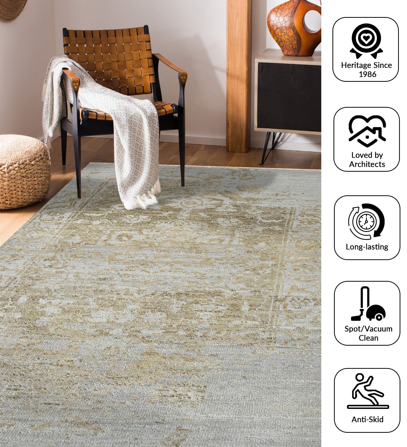 Dazzle Transitional Pattern Hand Knotted Rectangle Anti-Skid Designer Carpet, Prayer Rug For Office Cabins, Small Living Spaces - 2'X3' Saraswati Global