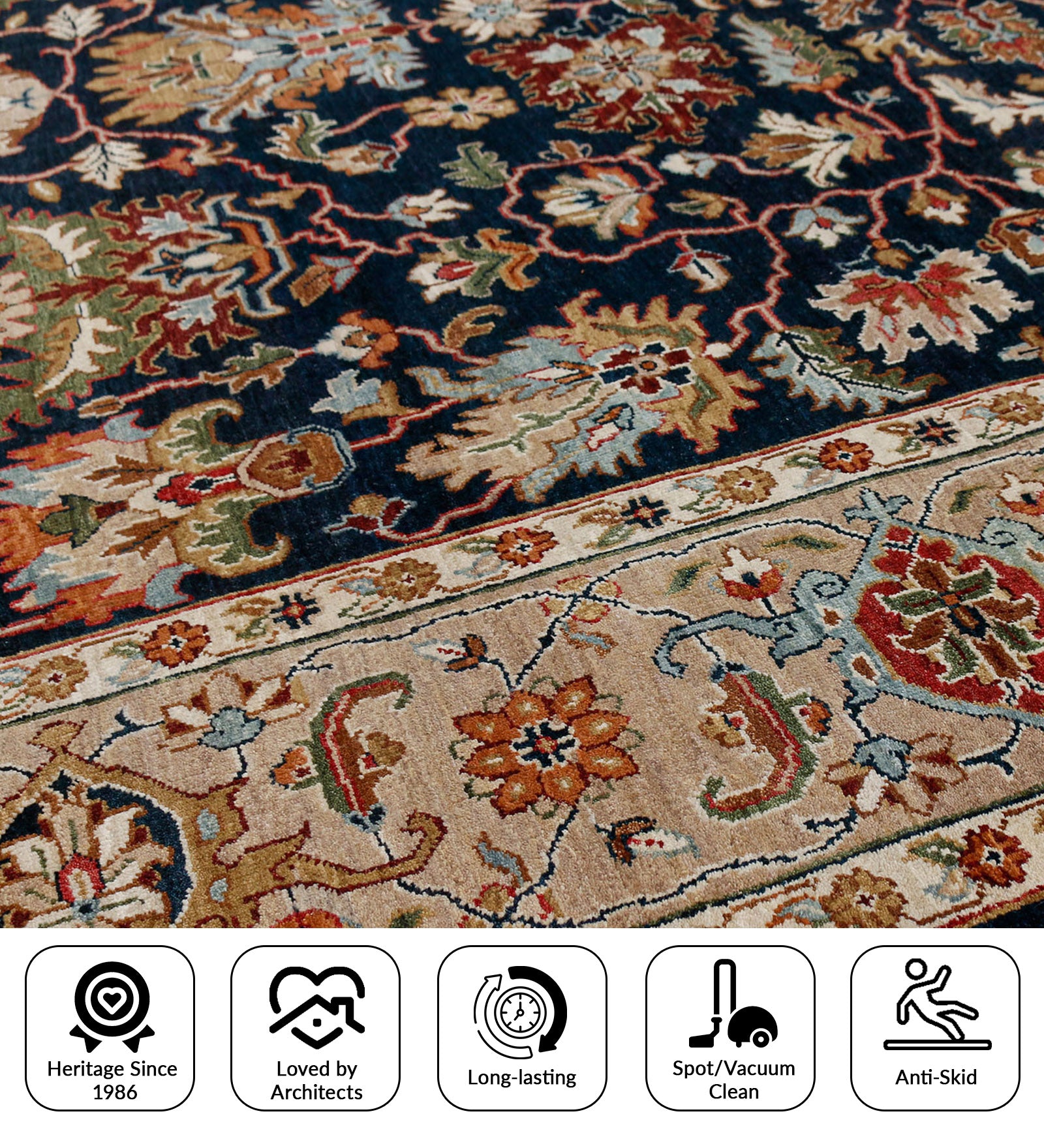 Heritage Classic Pattern Hand Knotted Rectangle Anti-Skid Designer Carpet, Prayer Rug For Office Cabins, Small Living Spaces - 3'X5'