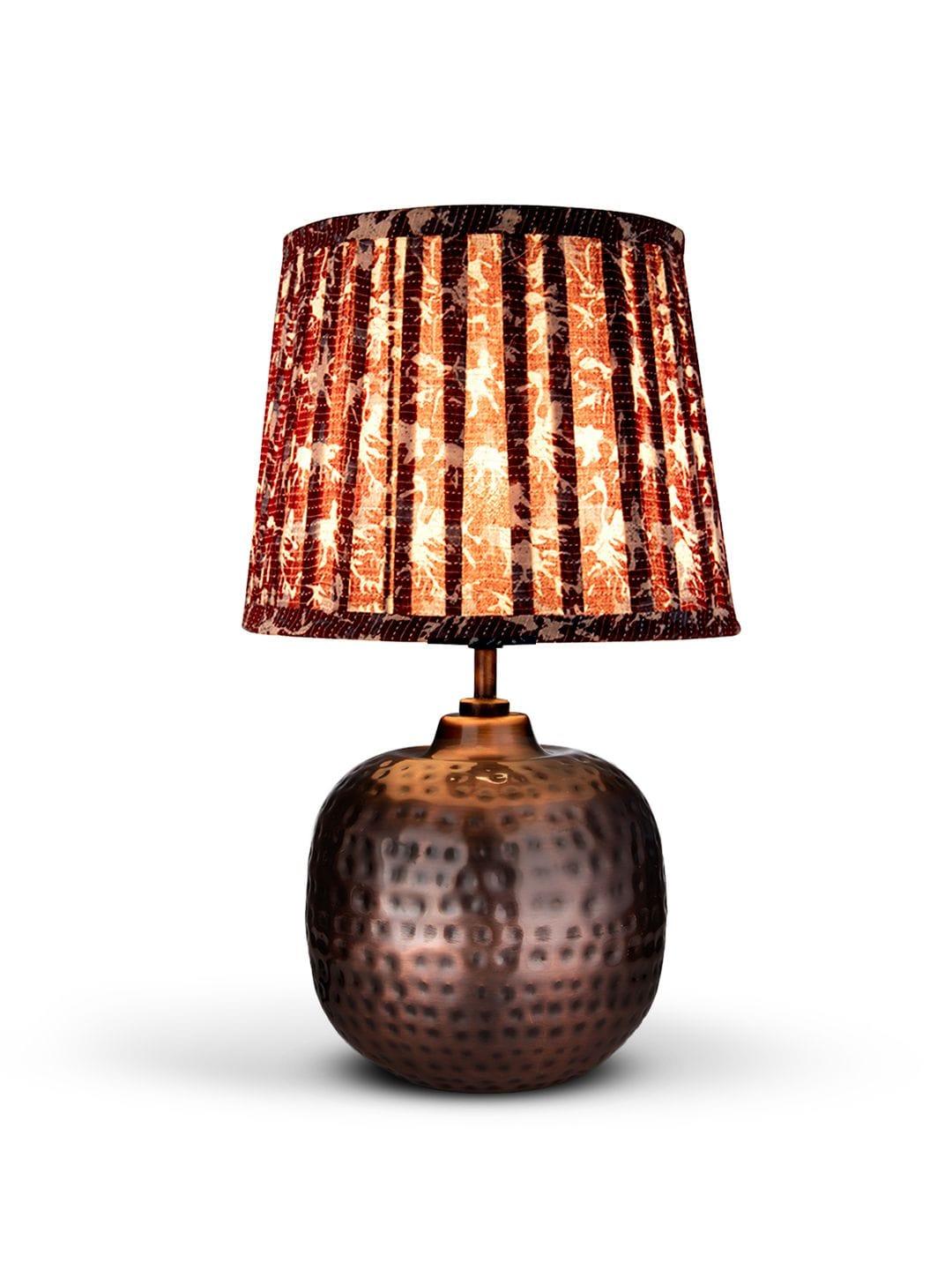 Copper Hammered Pot Lamp with Pleeted Multicolor Maroon Shade - Ouch Cart