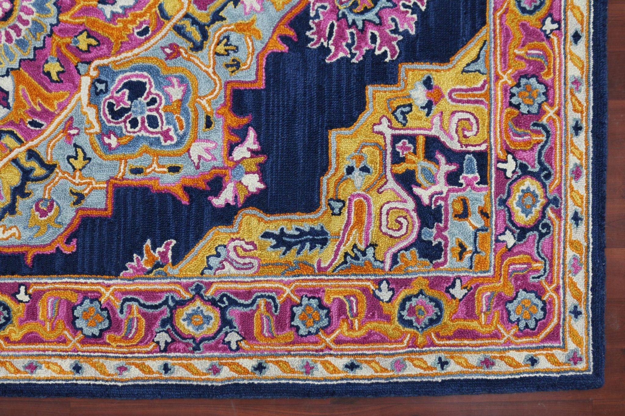 Navy Wool Boho 5x8 Feet Hand-Tufted Carpet - Rug - Ouch Cart