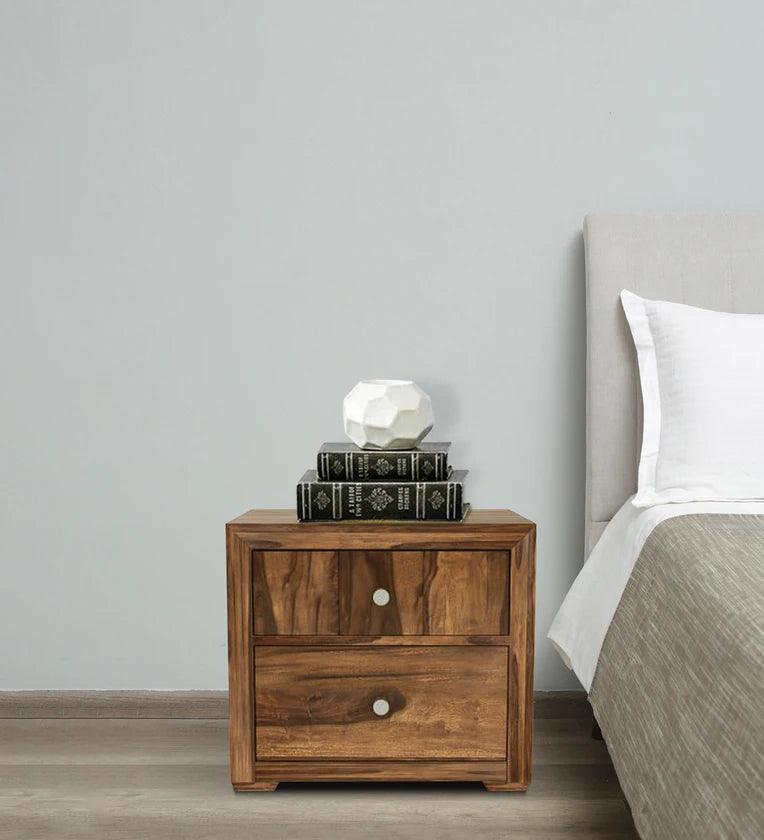 Sheesham Wood Bedside Table In Rustic Teak Finish With Drawers - Ouch Cart