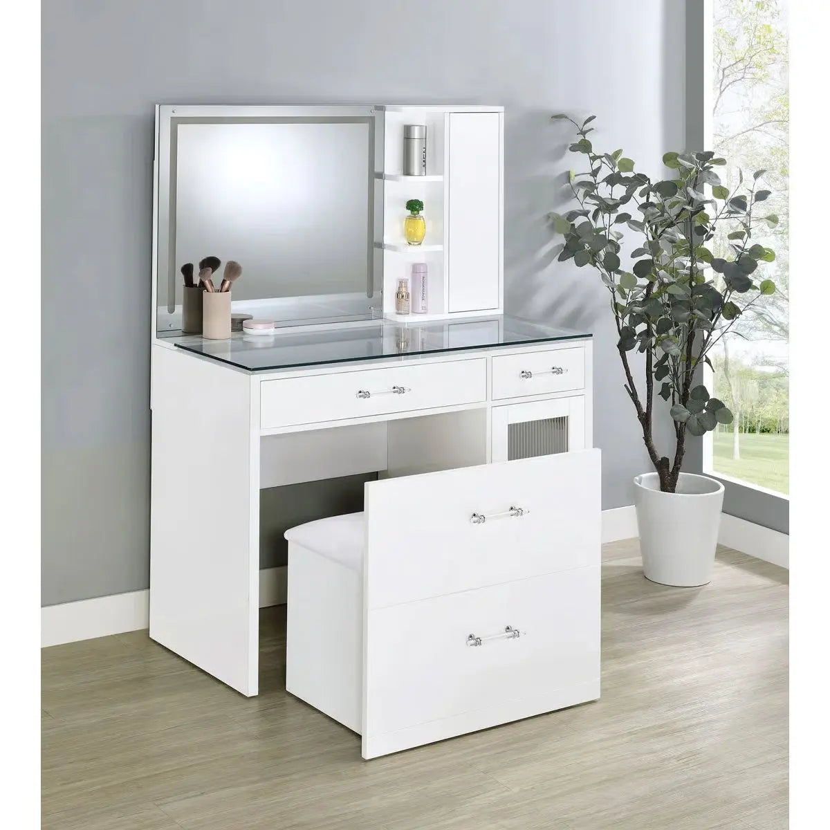 Elegant Jaiyla 2-Drawer Vanity Set with LED Mirror – Modern High Gloss Desk-OUCH CART |Dressing table