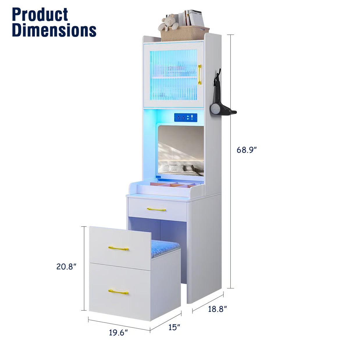 Modern Jamone Makeup Vanity with Storage, LED Lights and Built-In Power