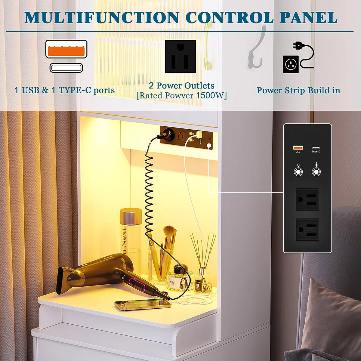 Modern Jamone Makeup Vanity with Storage, LED Lights and Built-In Power- OUCH CART | Dressing table