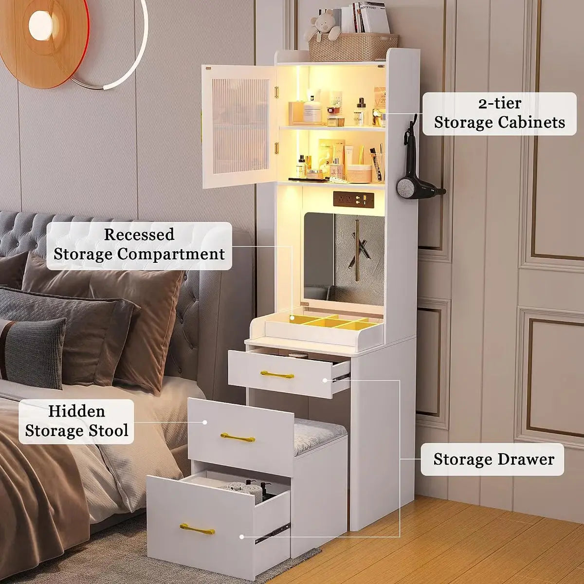 Modern Jamone Makeup Vanity with Storage, LED Lights and Built-In Power