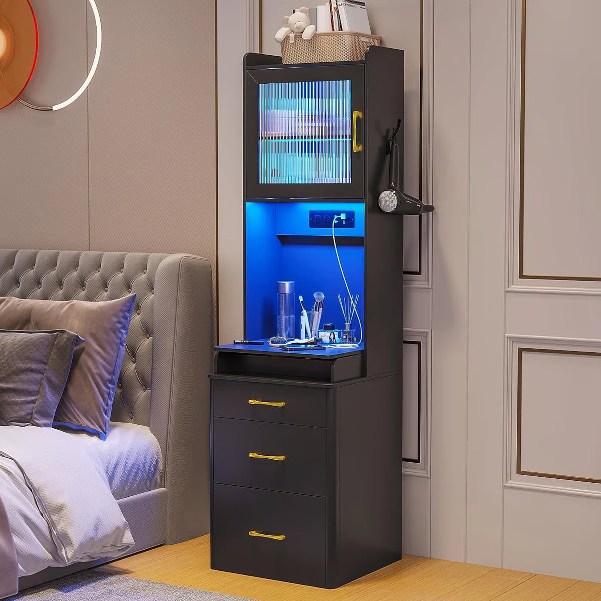 Modern Jamone Makeup Vanity with Storage, LED Lights and Built-In Power