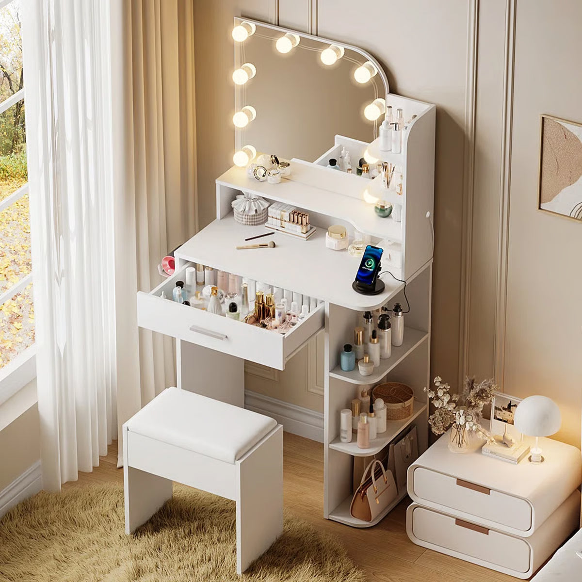 Jaseria Vanity Desk with Lighted Mirror & Power Outlet – Bedroom Makeup Table-OUCH CART |Dressing table