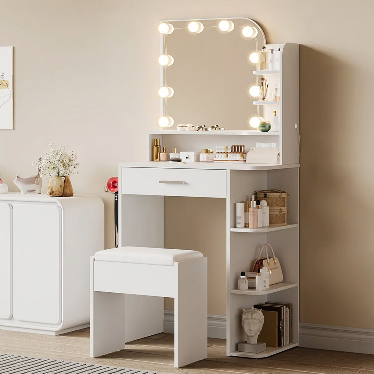 Jaseria Vanity Desk with Lighted Mirror & Power Outlet – Bedroom Makeup Table-OUCH CART |Dressing table