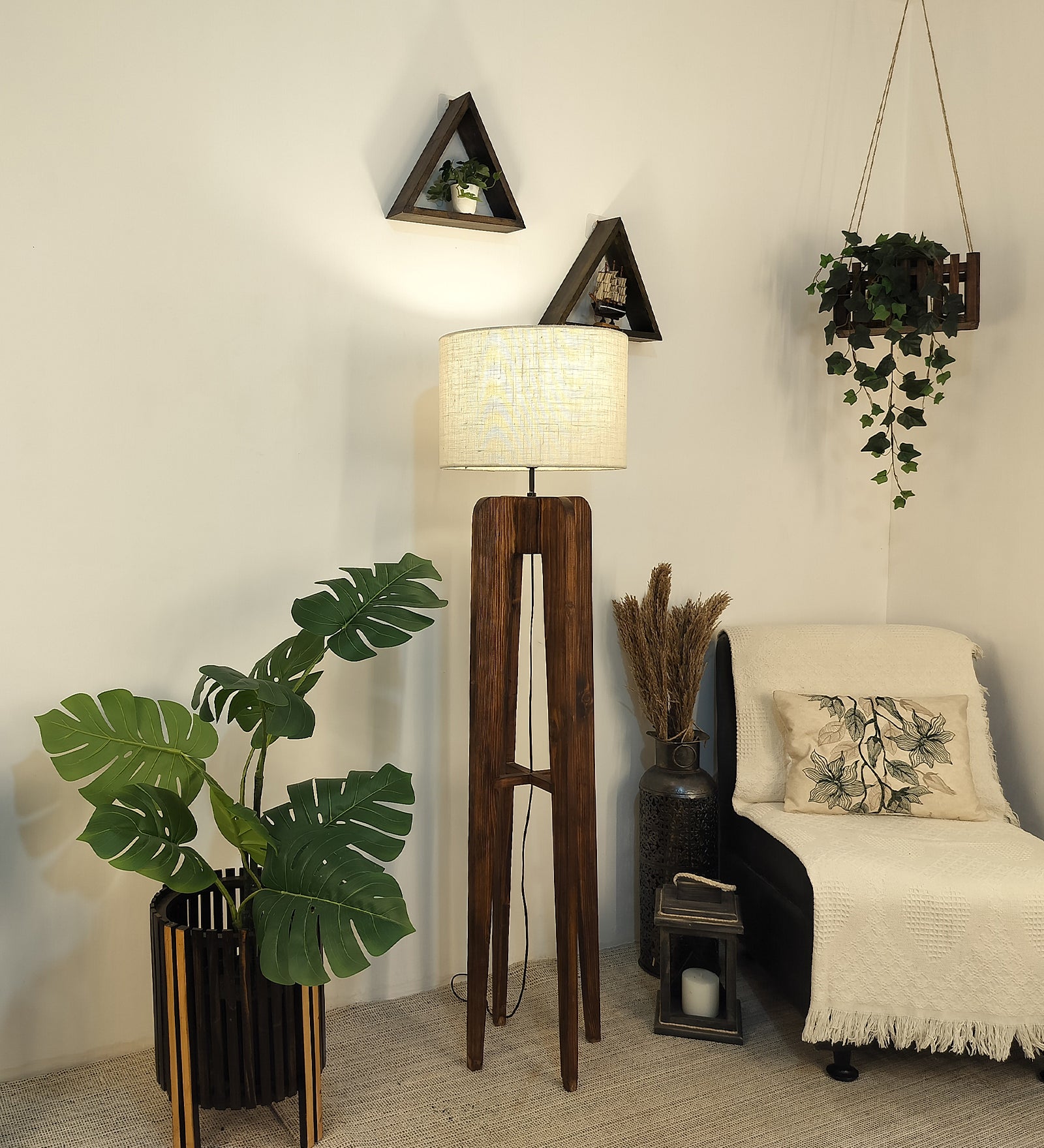 Jet Wooden Floor Lamp with Premium Beige Fabric Lampshade (BULB NOT INCLUDED)