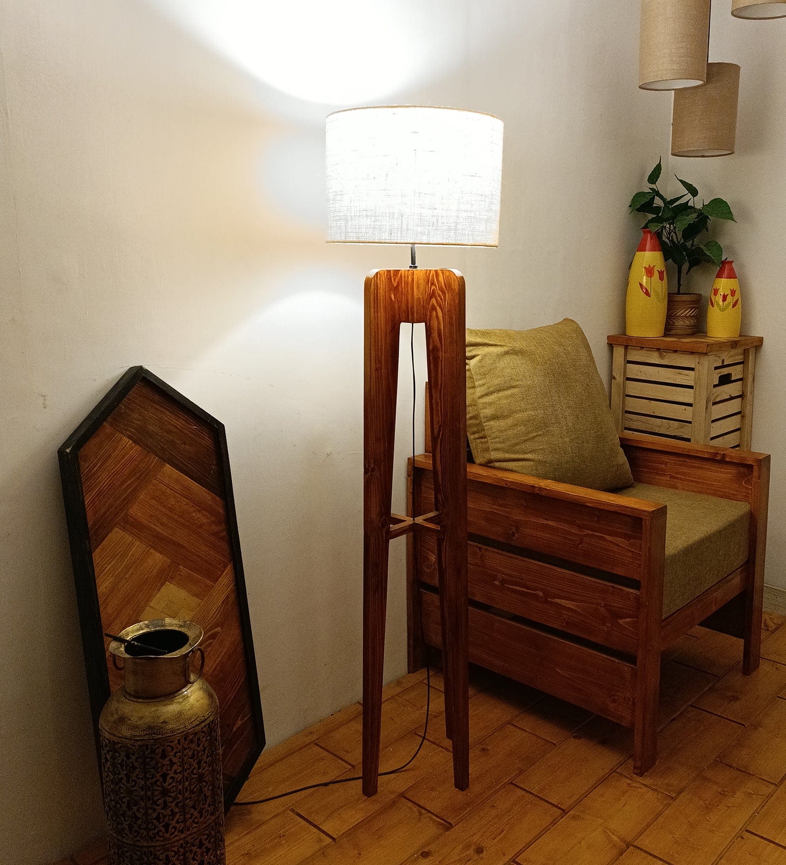 Jet Wooden Floor Lamp with Premium Beige Fabric Lampshade (BULB NOT INCLUDED)