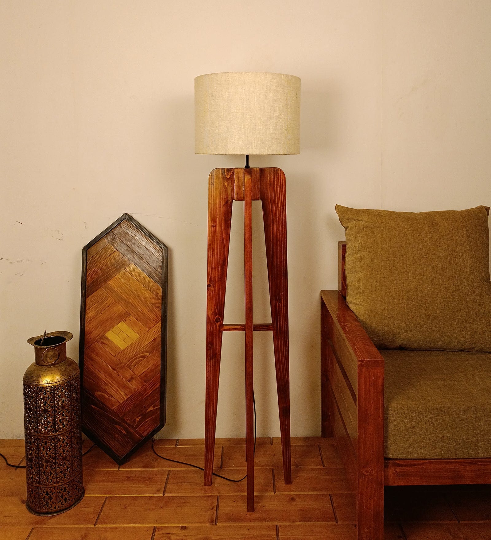 Jet Wooden Floor Lamp with Premium Beige Fabric Lampshade (BULB NOT INCLUDED)