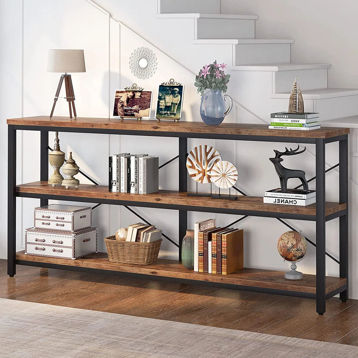 Long & Narrow Industrial Console Table – 3-Tier Sofa Table for Entryway and Living Room