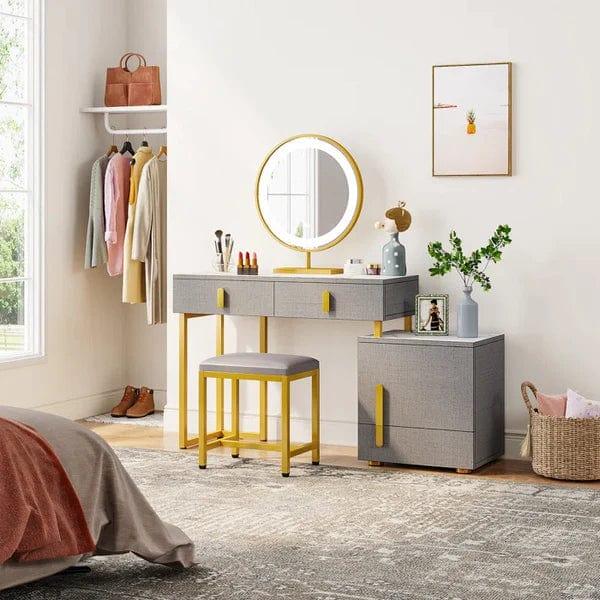 Ines Vanity wooden dressing table design with stool makeup modern corner mirrored dressing table, Vanity Desk with Drawers and Cabinets, Makeup Table Mirror and Lights, Modern Dressing Table with Stool for Women Gift - Ouch Cart