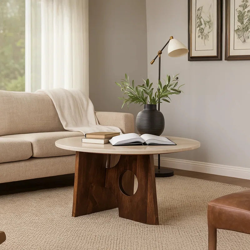 Handcrafted Marble Top Round Coffee Table with Mango Wood Base | Modern Sculptural Center Table for Living Room OUCH CART