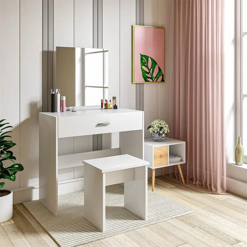 Soges Vanity Table Set with Mirror and Stool, Makeup Desk Dressing Table with Storage Drawer Make Up Table (White) - Ouch Cart