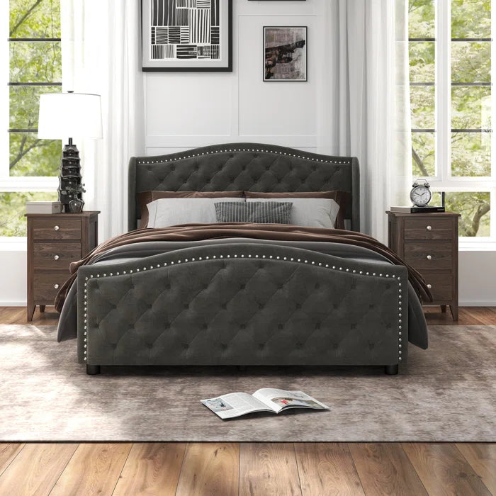 Velvet Upholstered Metal Nail Trim Platform Bed with Tufted Headboard