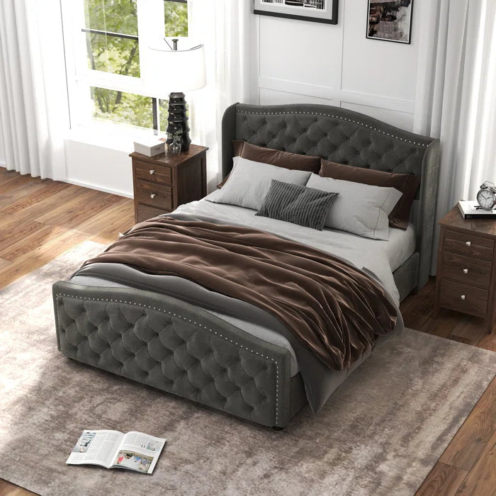 Velvet Upholstered Metal Nail Trim Platform Bed with Tufted Headboard OUCH CART