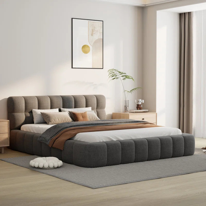 Katence Elegant Linen Queen Platform Bed with Upholstered Headboard and Solid Frame Stability OUCH CART