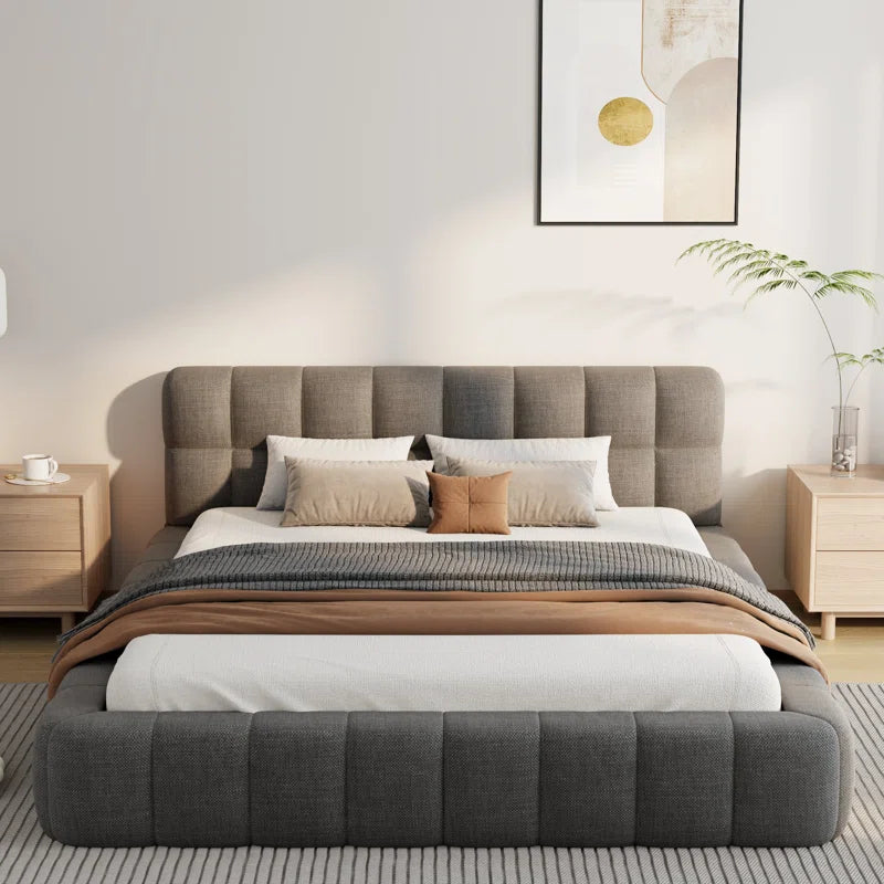 Katence Elegant Linen Queen Platform Bed with Upholstered Headboard and Solid Frame Stability