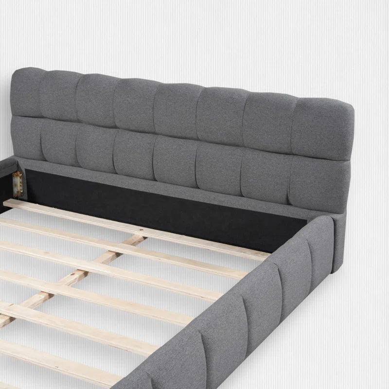 Katence Elegant Linen Queen Platform Bed with Upholstered Headboard and Solid Frame Stability OUCH CART