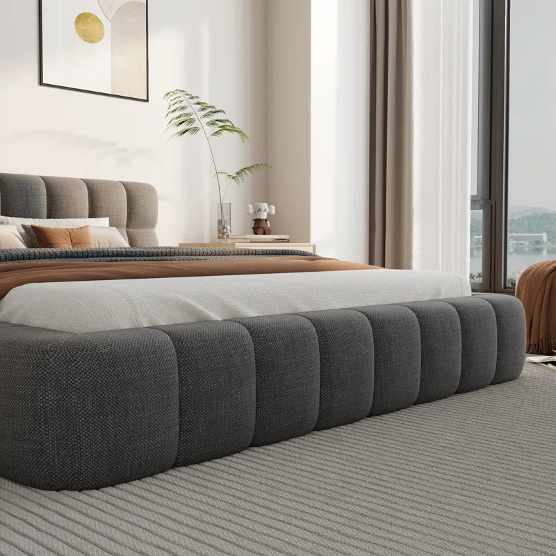 Katence Elegant Linen Queen Platform Bed with Upholstered Headboard and Solid Frame Stability OUCH CART