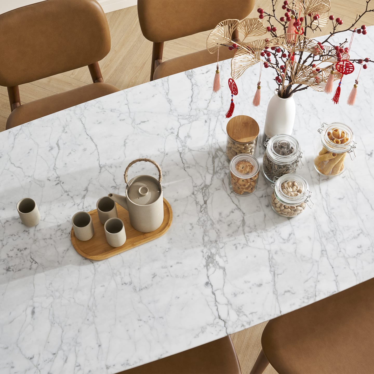 Kelsey Faux Marble Dining Table, White Wash Ouch Cart