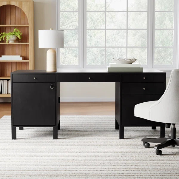 Solid Wood Executive Writing Desk with Leather Inlay, 5 Drawers & Storage Cabinet – 70" Home Office Desk