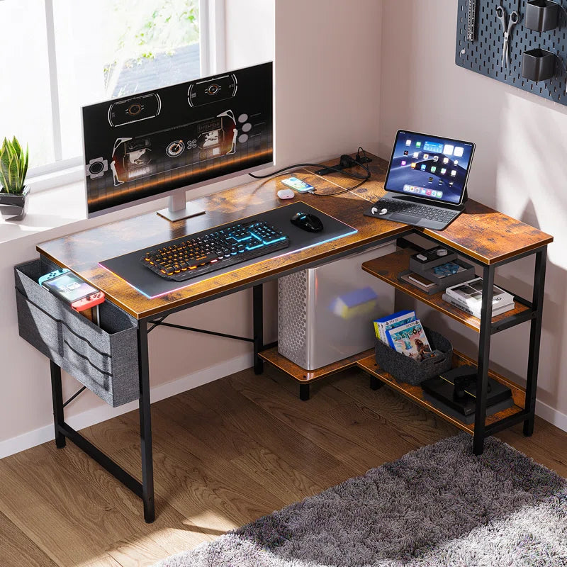 L-Shape Gaming Desk with Built in Outlets,Computer Desk with Monitor Stand