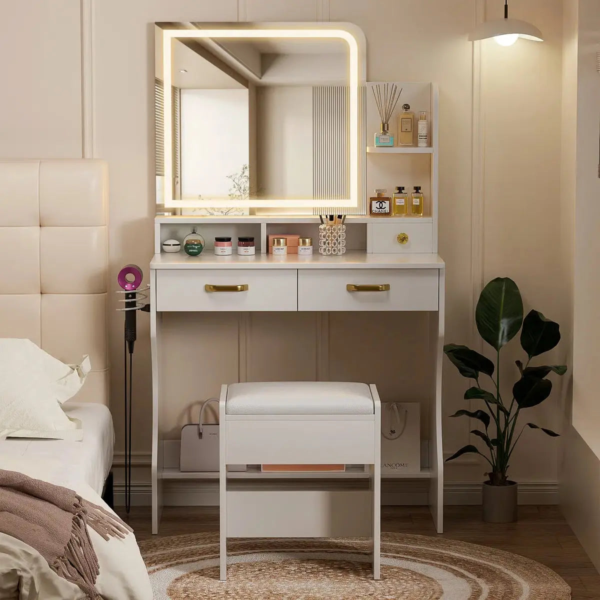 Kyriako Modern Makeup Vanity with LED Mirror, Charging Ports & 3 Drawers – Perfect Bedroom Dressing Table-OUCH CART |Dressing table