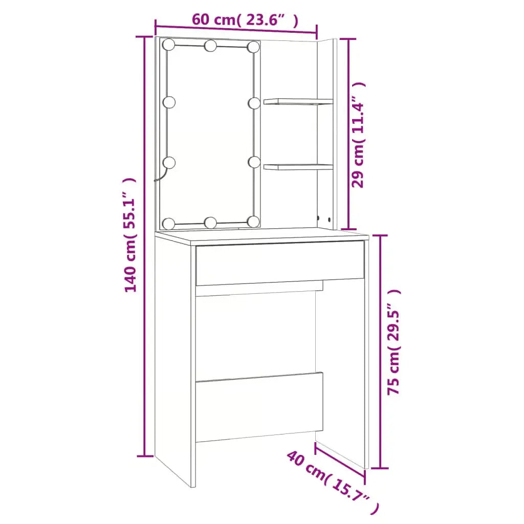LED Vanity Dressing Table – Smoked Oak Engineered Wood Desk with Storage Cabinet