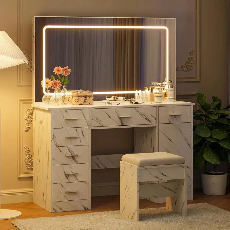 LED Makeup Vanity Desk – Marble White, 7 Drawers, Adjustable 3-Color Lighting, Large Mirror & Hair Dryer Holder-OUCH CART |Dressing table