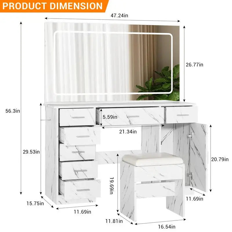 LED Makeup Vanity Desk – Marble White, 7 Drawers, Adjustable 3-Color Lighting, Large Mirror & Hair Dryer Holder-OUCH CART |Dressing table