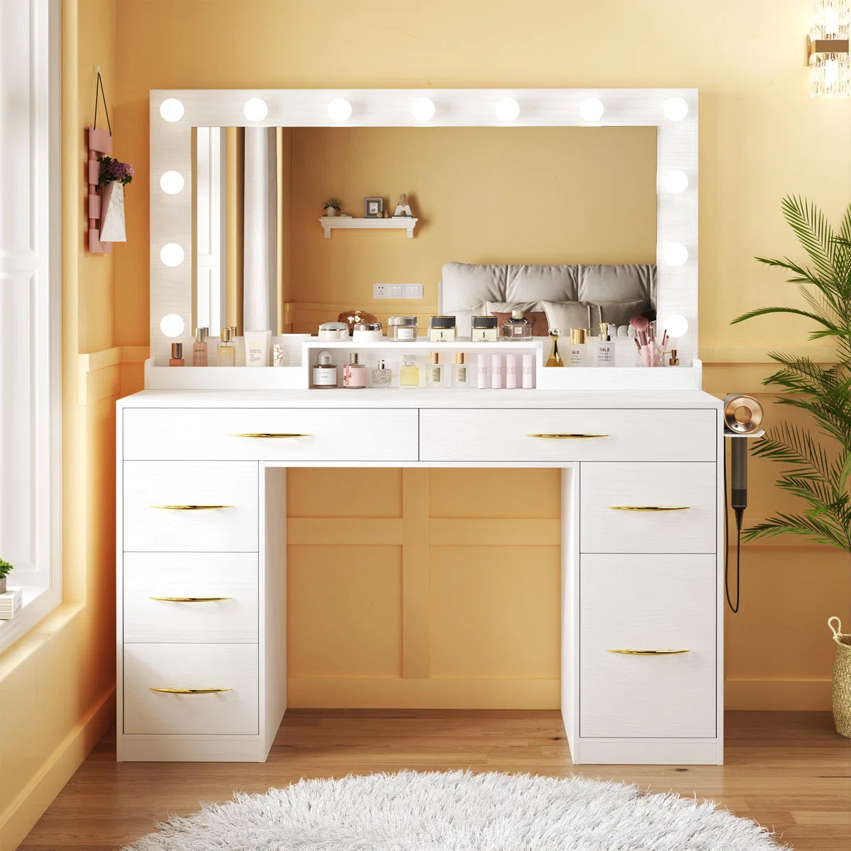 Large Size Vanity Desk with LED Mirror, Power Outlet, and 7 Spacious Drawers OUCH CART