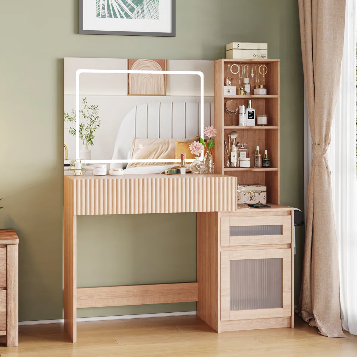 Modern 43.3"W Makeup Vanity Table with Adjustable Lighting OUCH CART | Dressing table