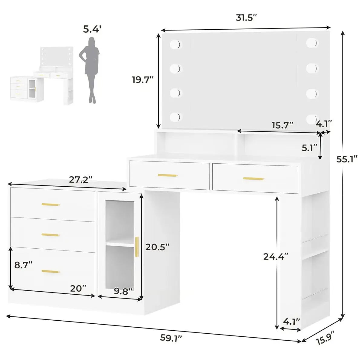 Luxury Large Makeup Vanity Table with Mirror and 5 Drawers