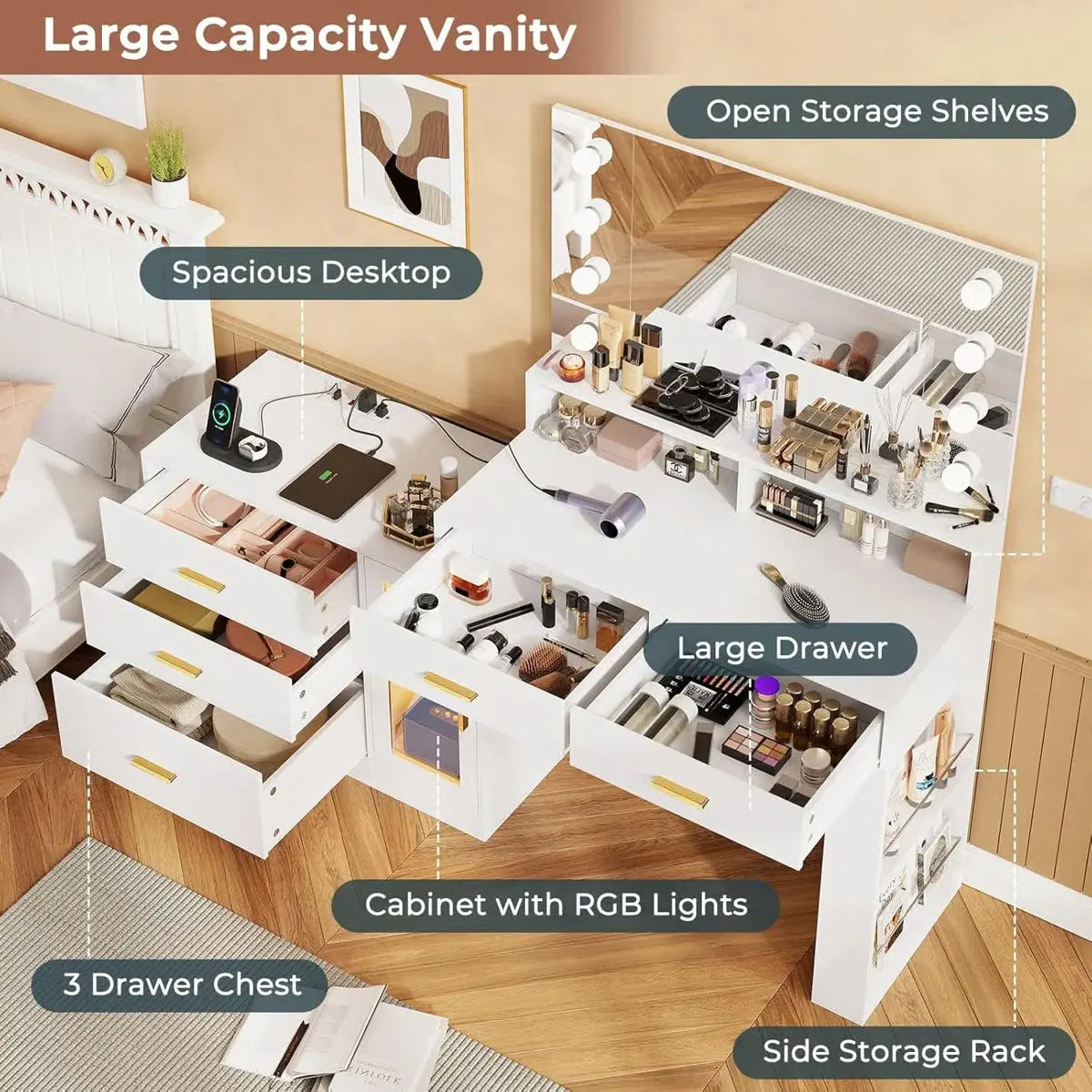 Luxury Large Makeup Vanity Table with Mirror and 5 Drawers