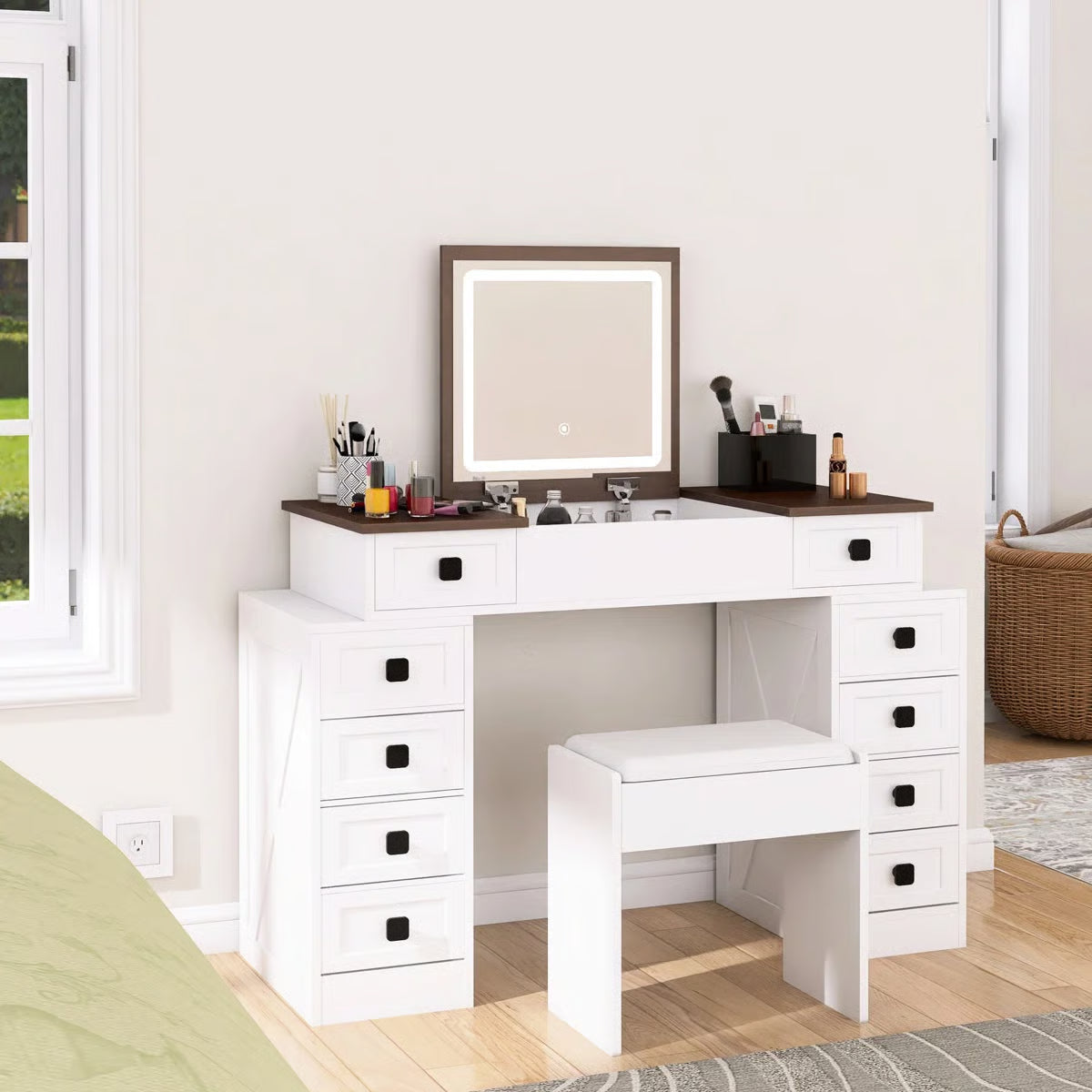 10-Drawer Makeup Vanity Desk – Dimmable LED, Foldable Mirror, White & Walnut Finish with Storage Stool-OUCH CART |Dressing table