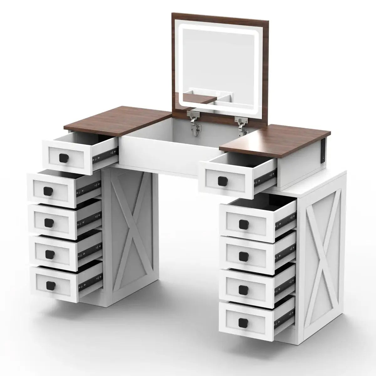 10-Drawer Makeup Vanity Desk – Dimmable LED, Foldable Mirror, White & Walnut Finish with Storage Stool-OUCH CART |Dressing table