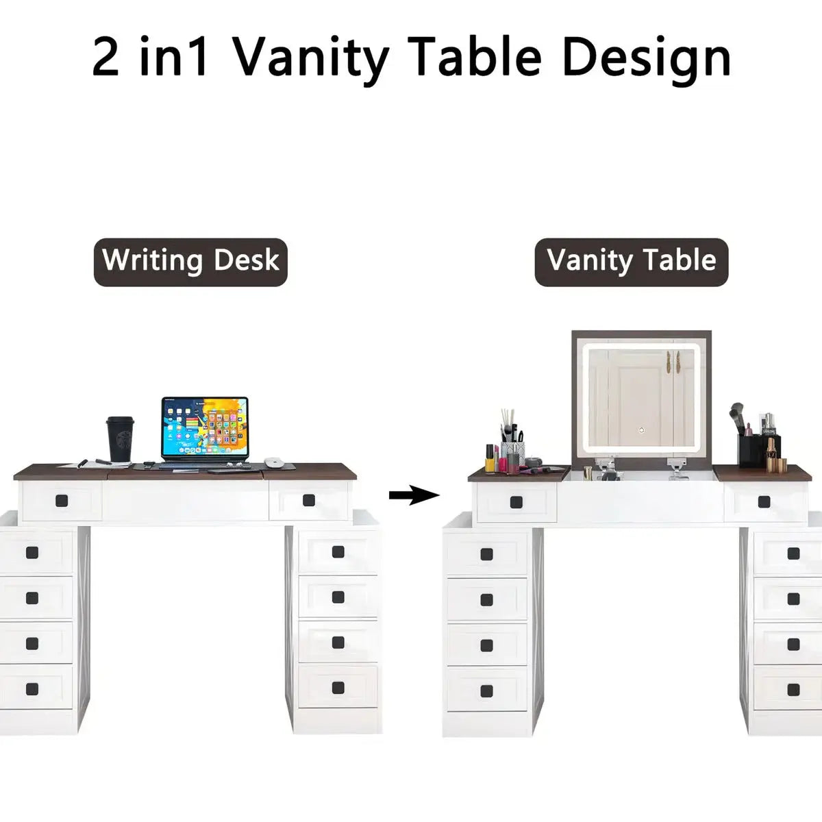 10-Drawer Makeup Vanity Desk – Dimmable LED, Foldable Mirror, White & Walnut Finish with Storage Stool