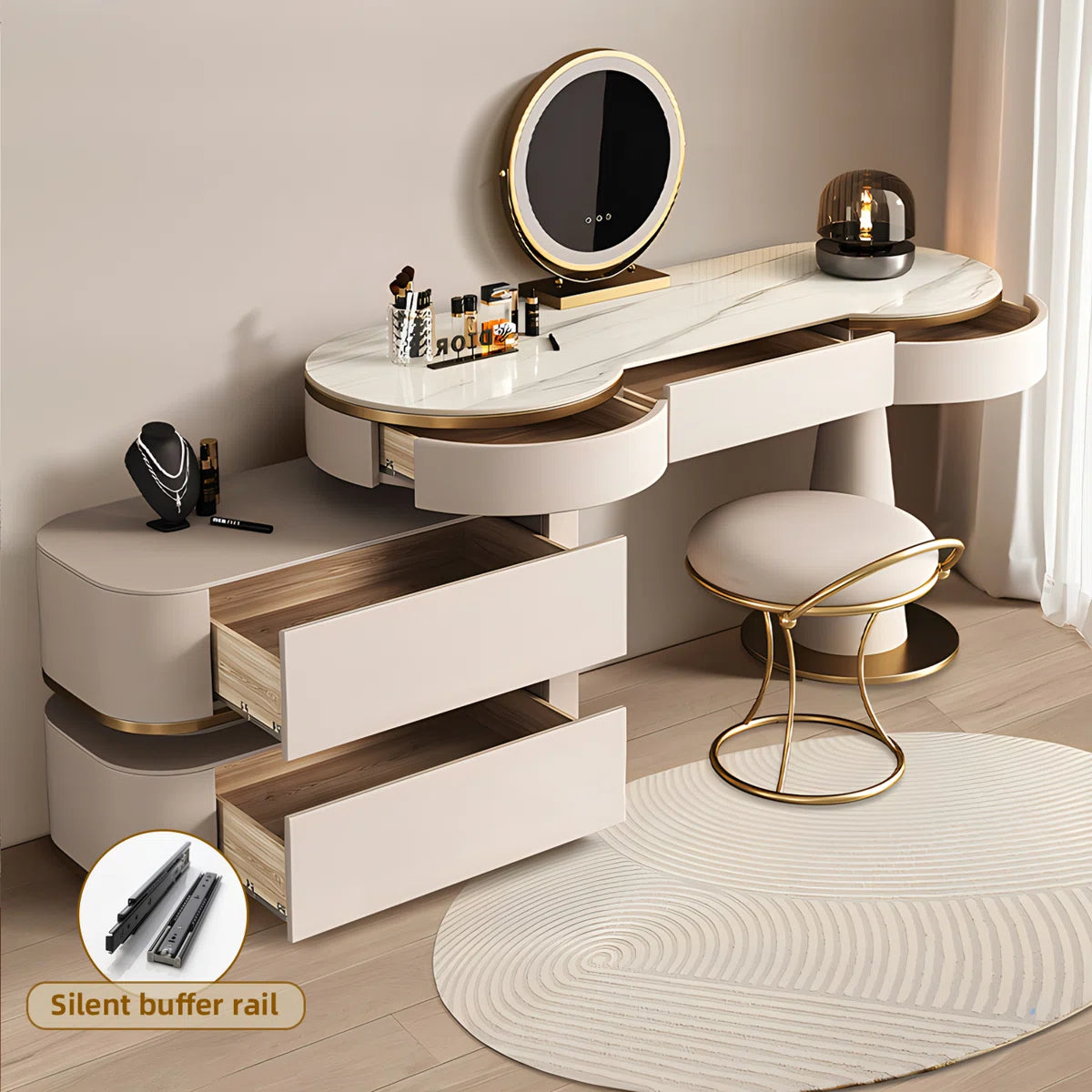 Modern Cream White Vanity Set with Lighted Mirror, Movable Cabinet & Stool