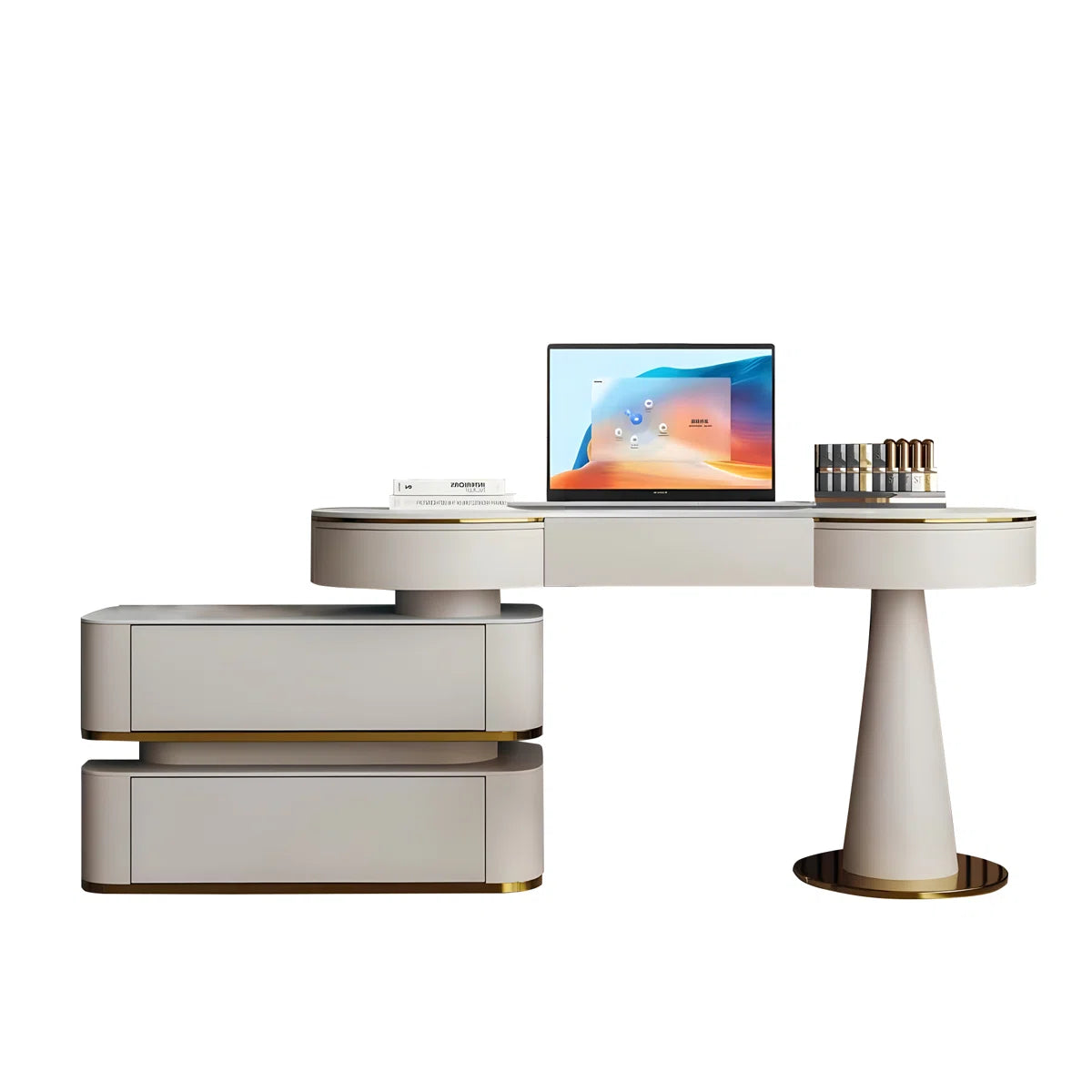 Modern Cream White Vanity Set with Lighted Mirror, Movable Cabinet & Stool