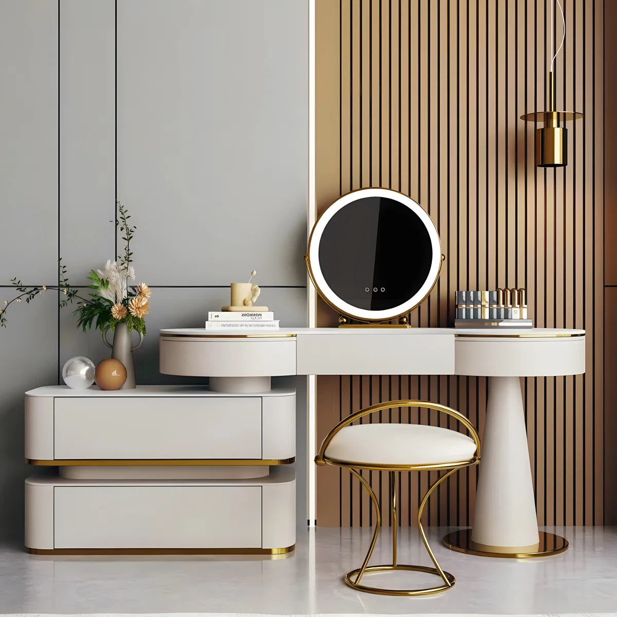 Modern Cream White Vanity Set with Lighted Mirror, Movable Cabinet & Stool