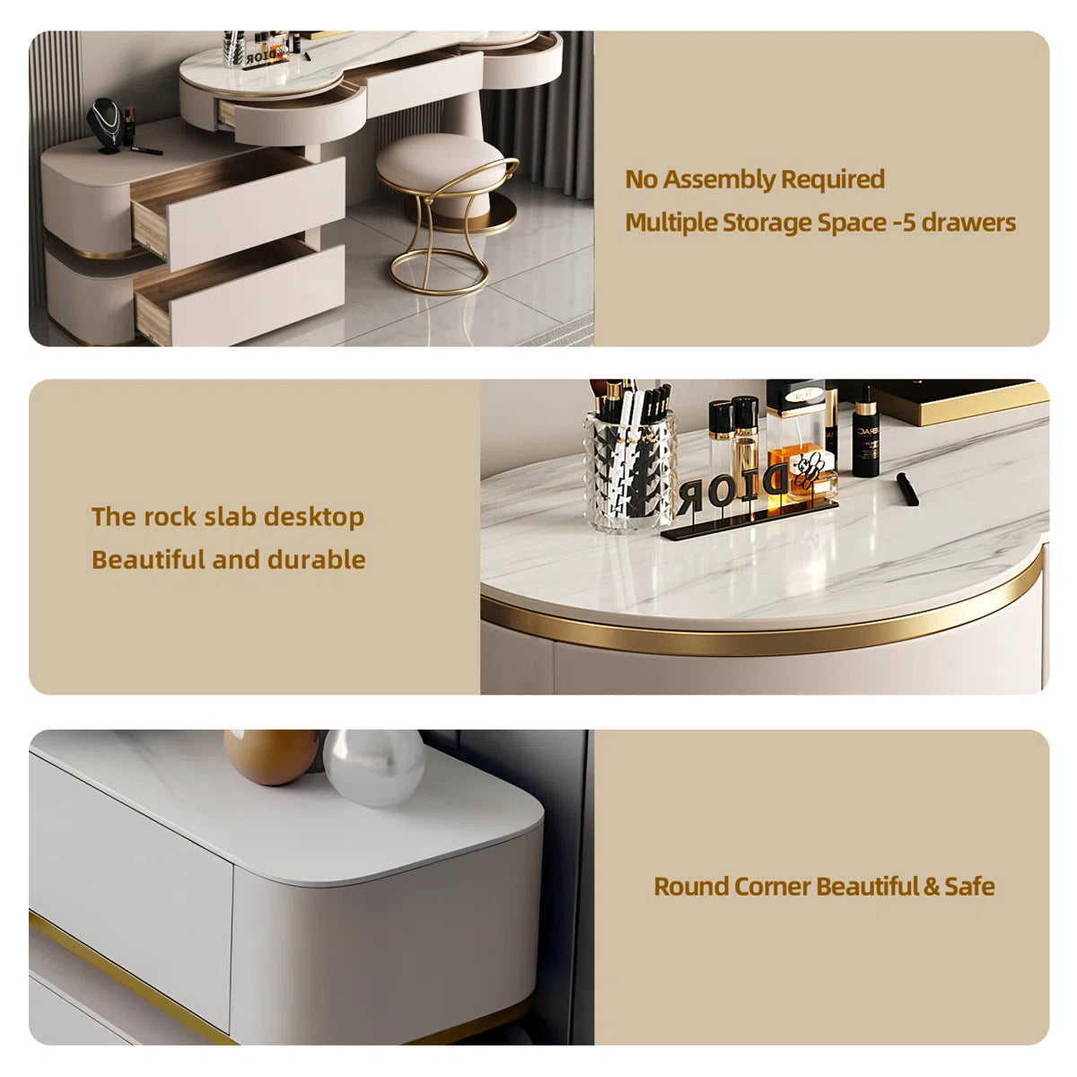 Modern Cream White Vanity Set with Lighted Mirror, Movable Cabinet & Stool