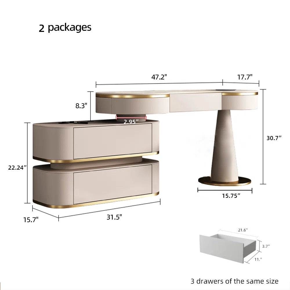 Modern Cream White Vanity Set with Lighted Mirror, Movable Cabinet & Stool