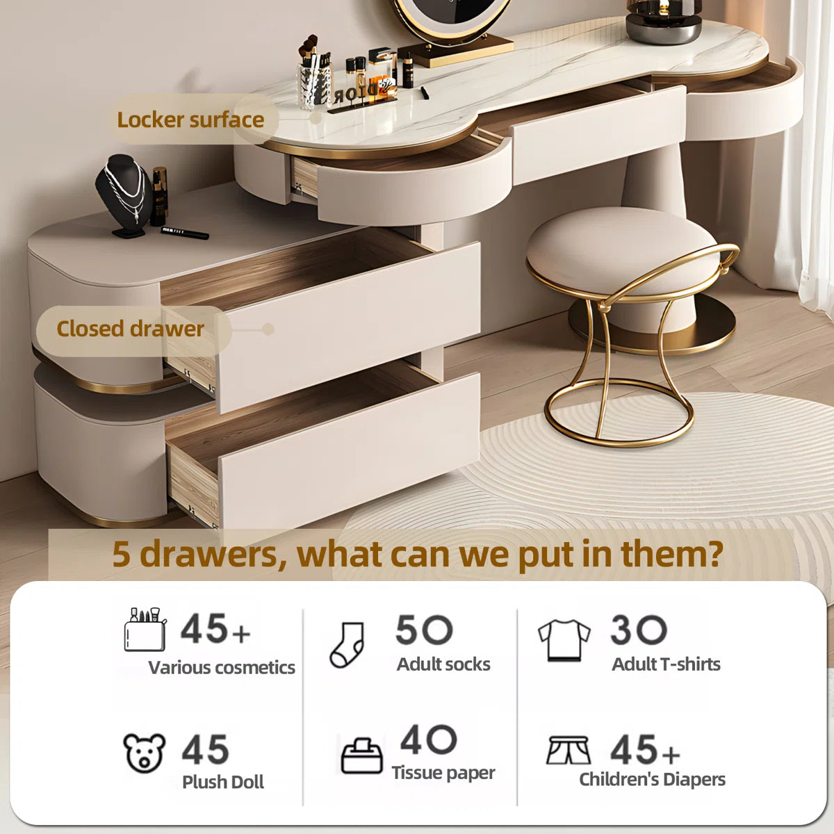 Modern Cream White Vanity Set with Lighted Mirror, Movable Cabinet & Stool