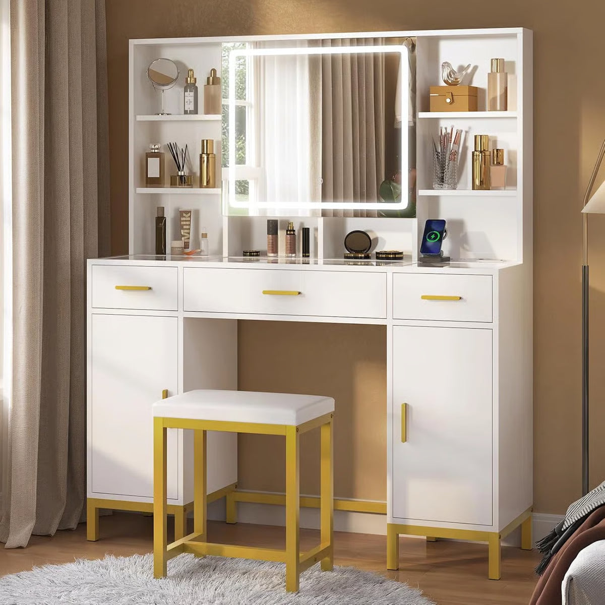 White Makeup Vanity Desk with Openable LED Mirror, 3-Mode Lights, Glass Drawers, Gold Table Legs, and Comfortable Stool-OUCH CART| Dressing table