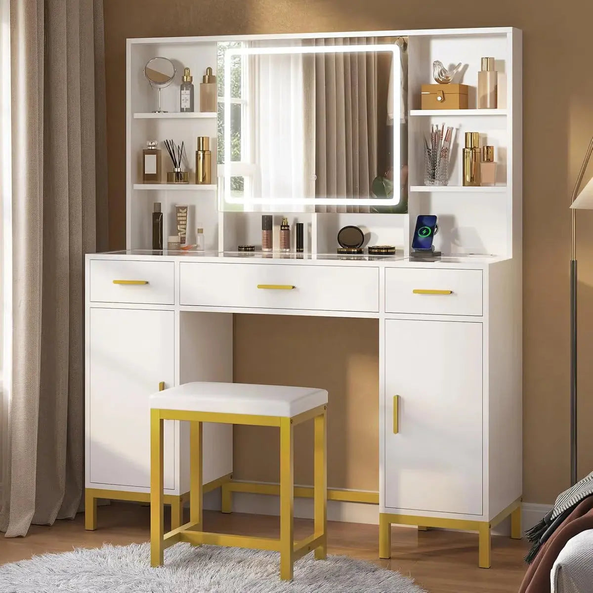 White Makeup Vanity Desk with Openable LED Mirror, 3-Mode Lights, Glass Drawers, Gold Table Legs, and Comfortable Stool-OUCH CART| Dressing table